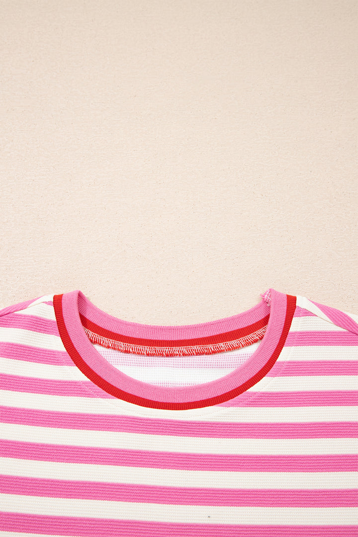 Pink Stripe Contrast Trim Short Sleeve Top Loose Shorts 2pcs Casual Outfit