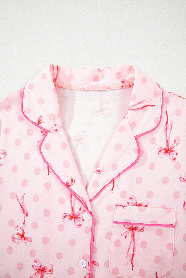 bow print contrast pipping short pajamas set