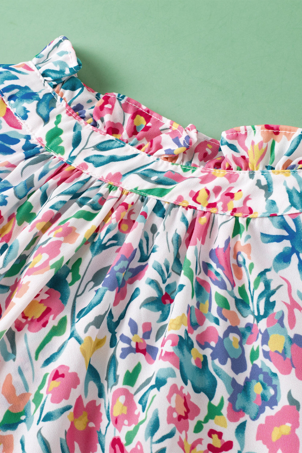 Floral Print Button Split Neck Puff Sleeve Blouse