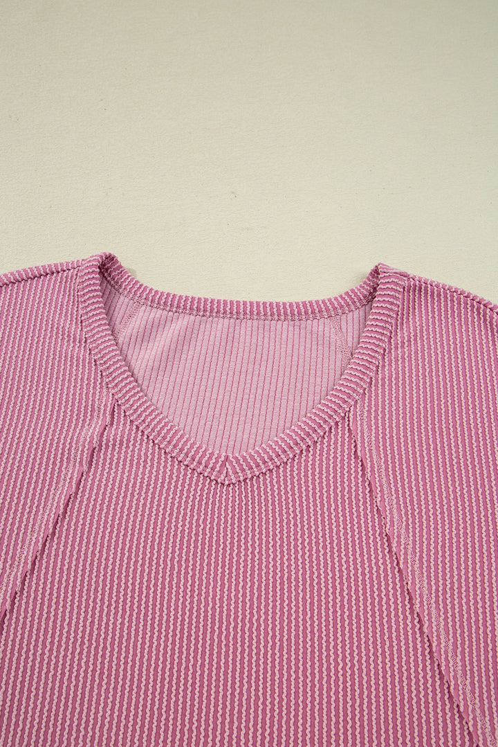 Pink Twisted Rib Texture Exposed Seam Patchwork Loose Long Sleeve Top