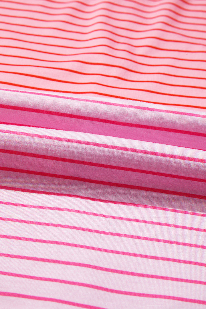 Sachet Pink Striped Colorblock Exposed Seam Casual Long Sleeve Top