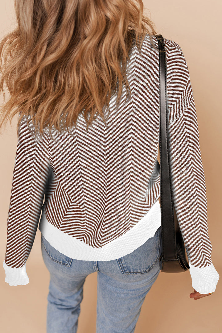 Buttoned Front V Neck Herringbone Cardigan