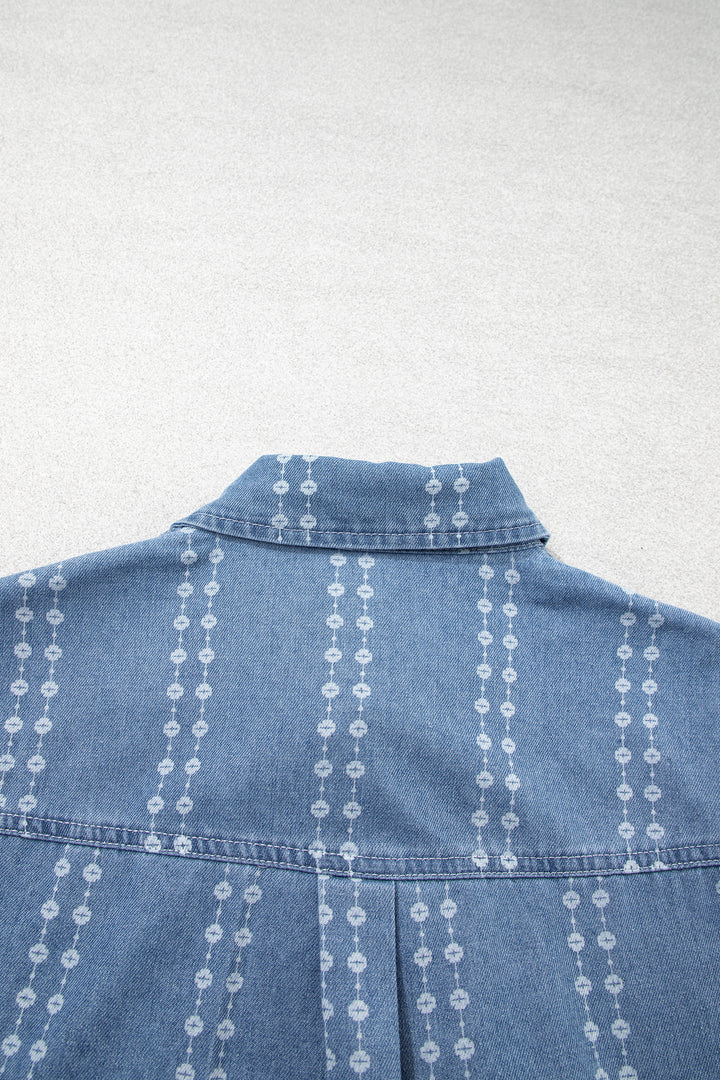 Myosotis Floral Print Button-Down Long Sleeve Denim Shirt