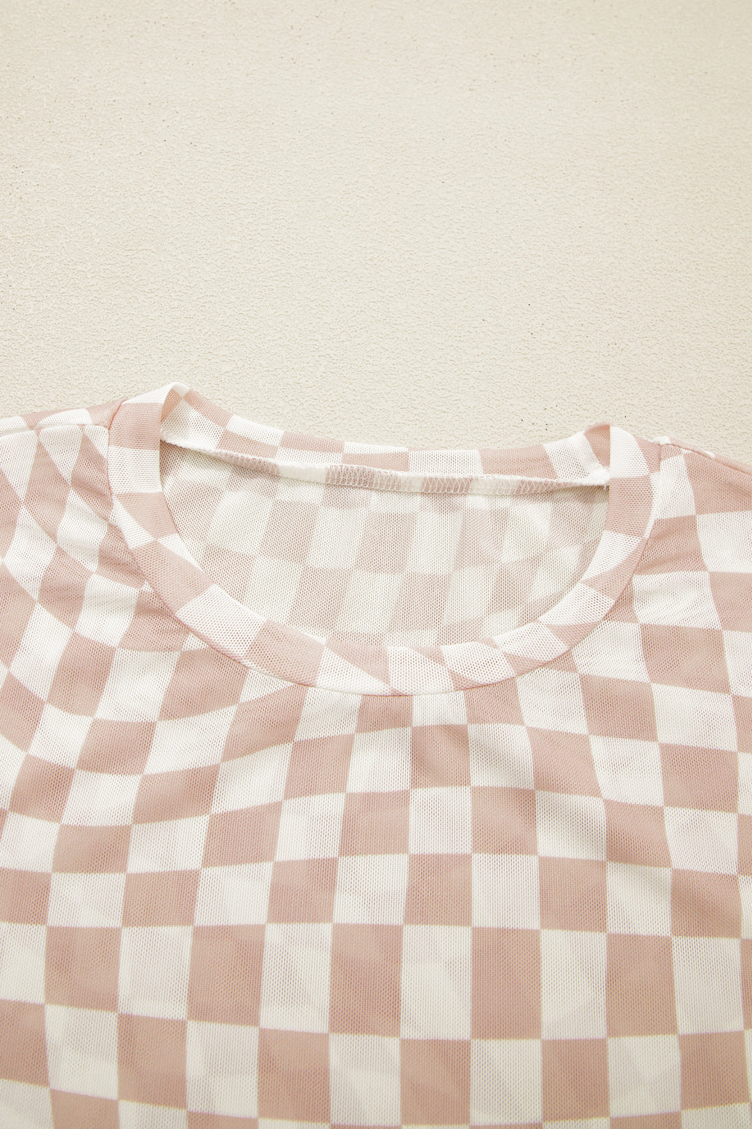 Khaki Checkered Print Crew Neck Mesh T Shirt