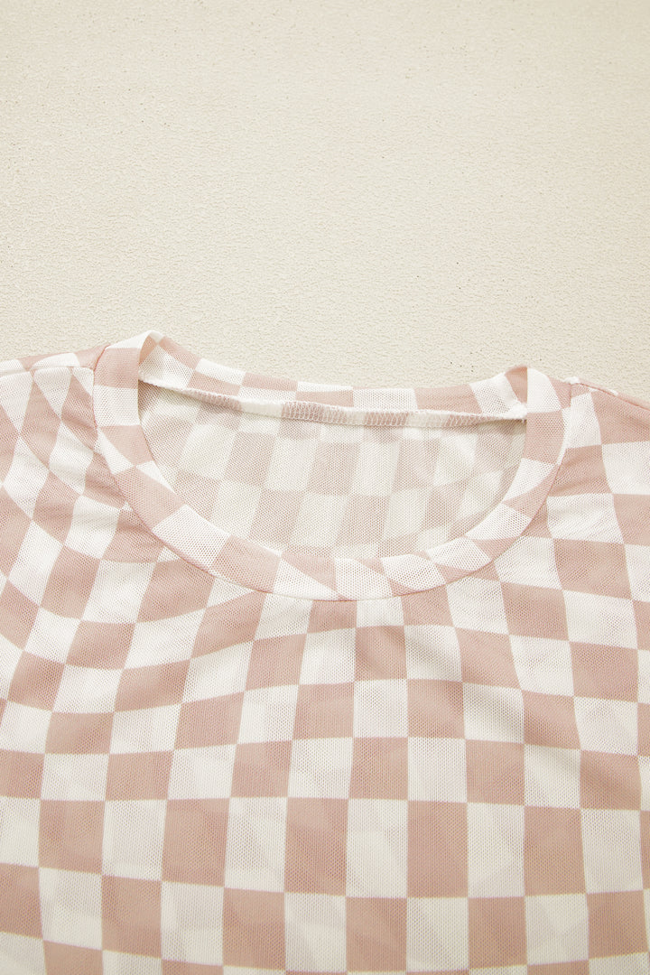 Khaki Checkered Print Crew Neck Mesh T Shirt