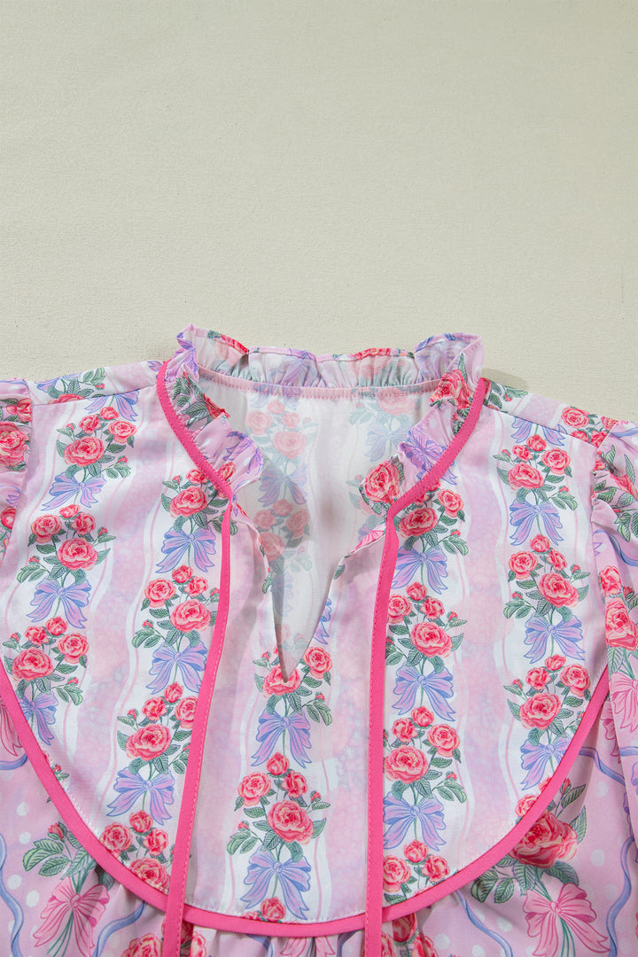 Purple Coquette Floral Bow Printed Contrast Ruffled Short Sleeve Blouse