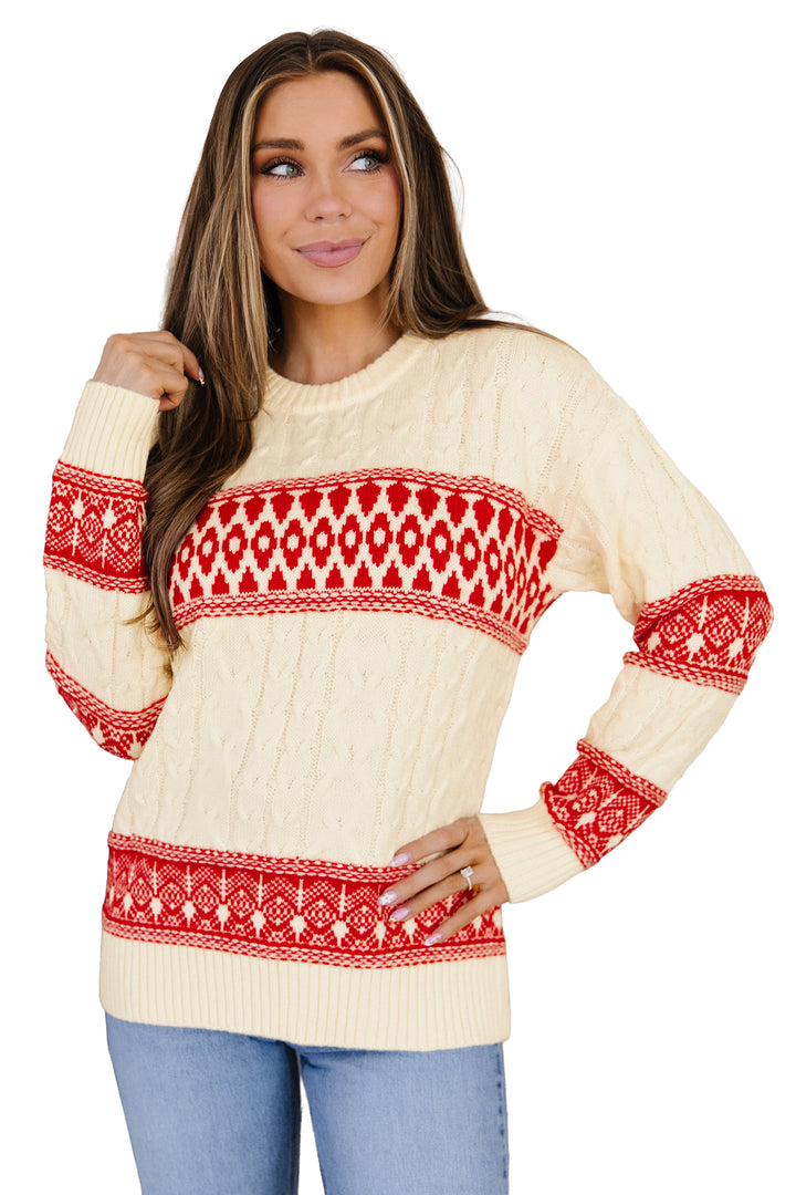 Red Western Print Round Neck Long Sleeve Shift Sweater