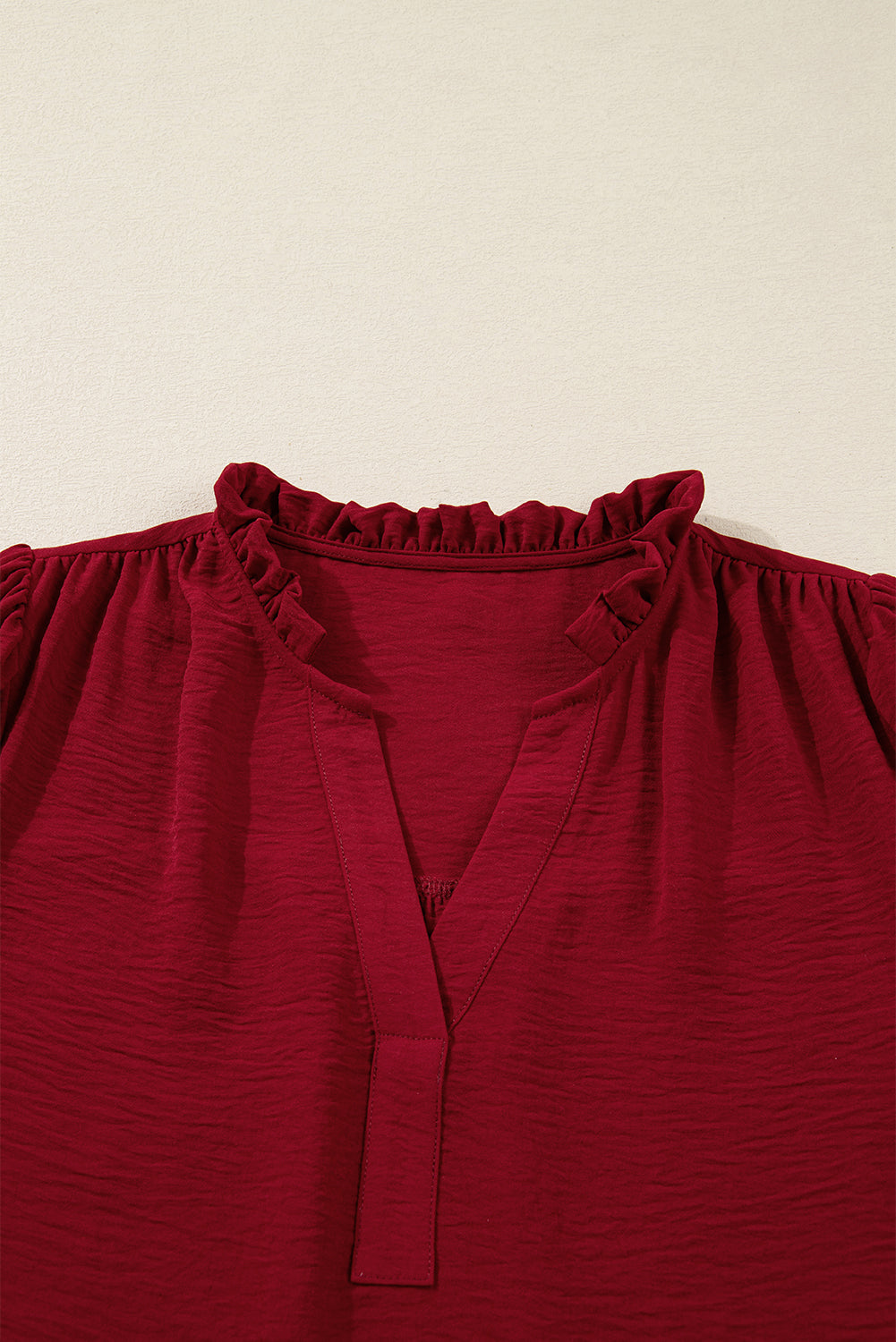 Notched Neck Shirred Cuff Long Sleeve Blouse