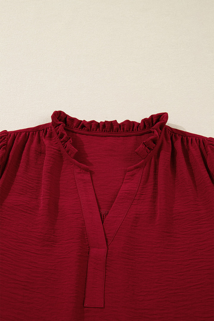 Notched Neck Shirred Cuff Long Sleeve Blouse