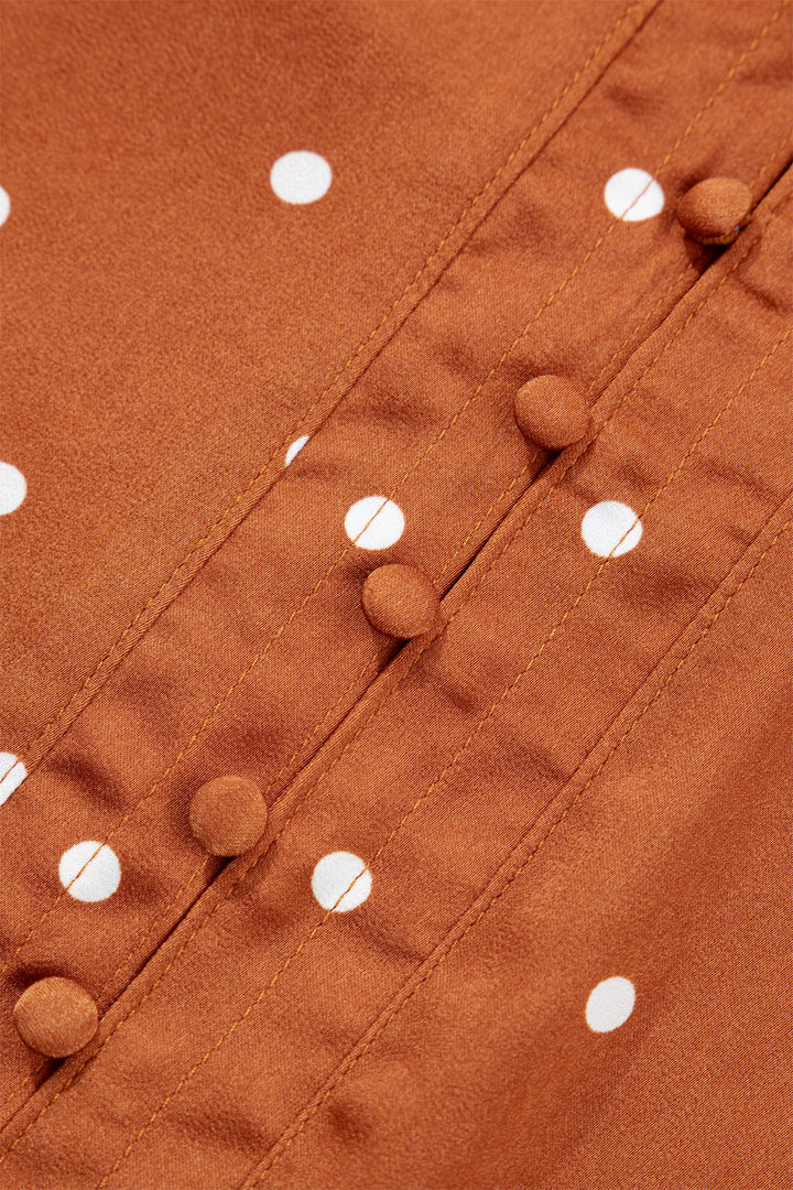 Brown Polka Dot V Neck Long Sleeve Blouse