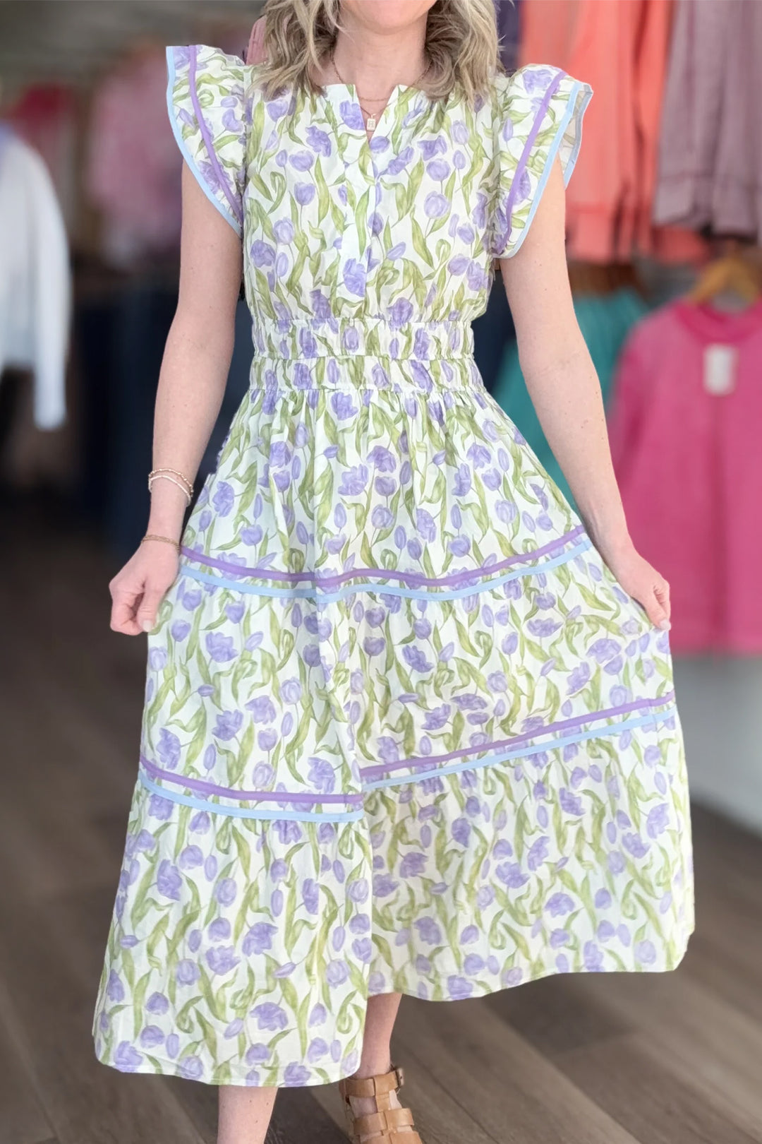 Purple Tulip Floral Print Contrast Trim Midi Dress
