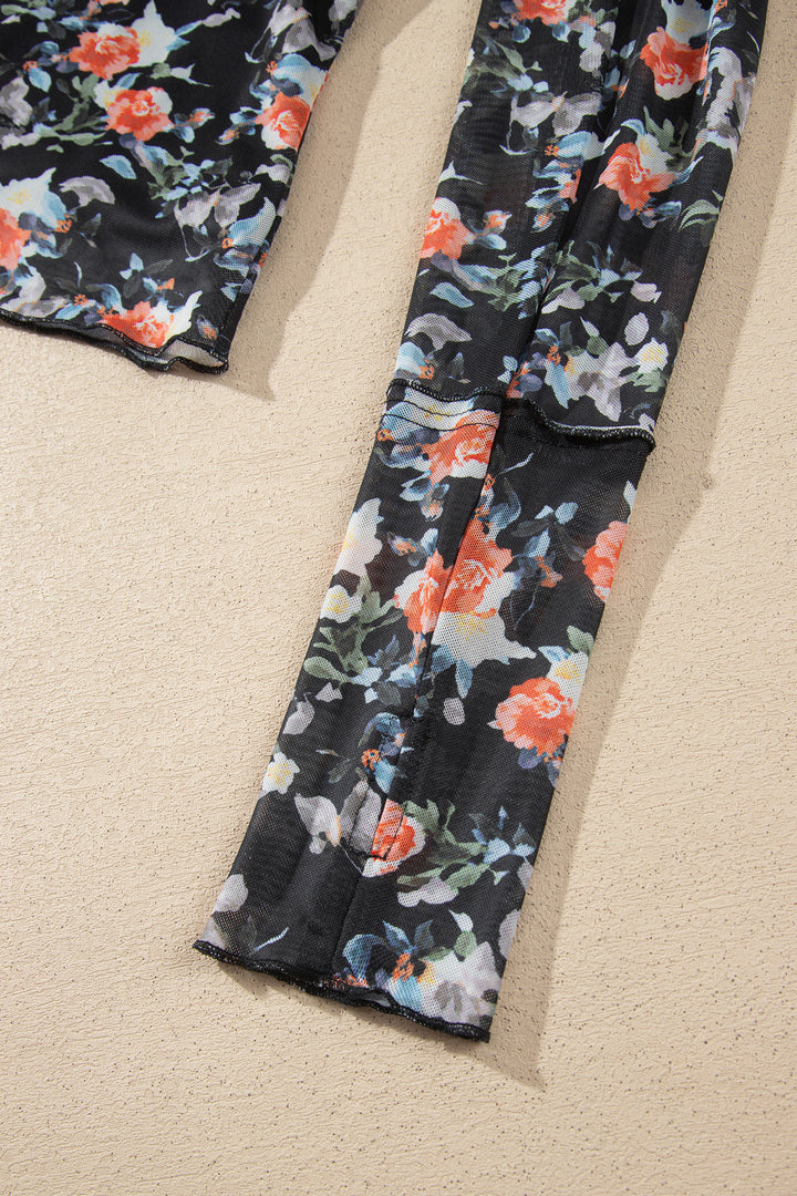 Black Floral Print Mesh Thumb Hole Long Sleeve Pullover Top