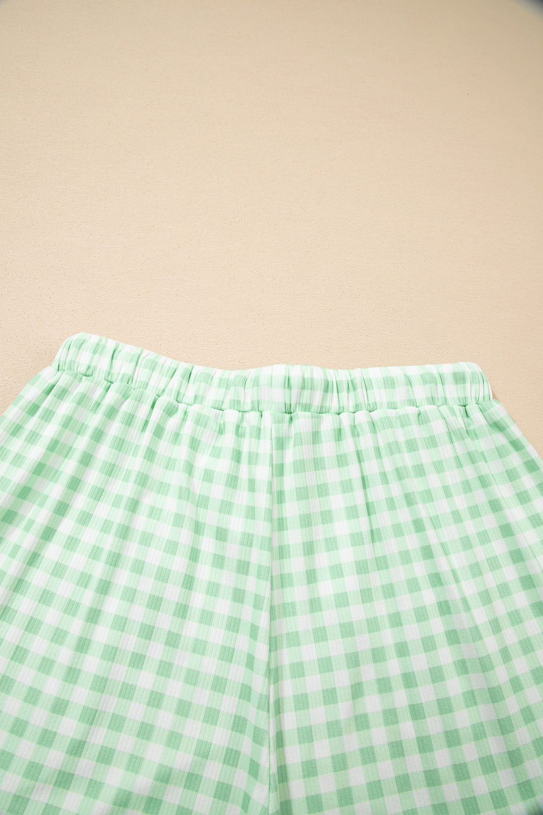 Green Gingham Long Sleeve Loose Top Drawstring Shorts 2pcs Lounge Set