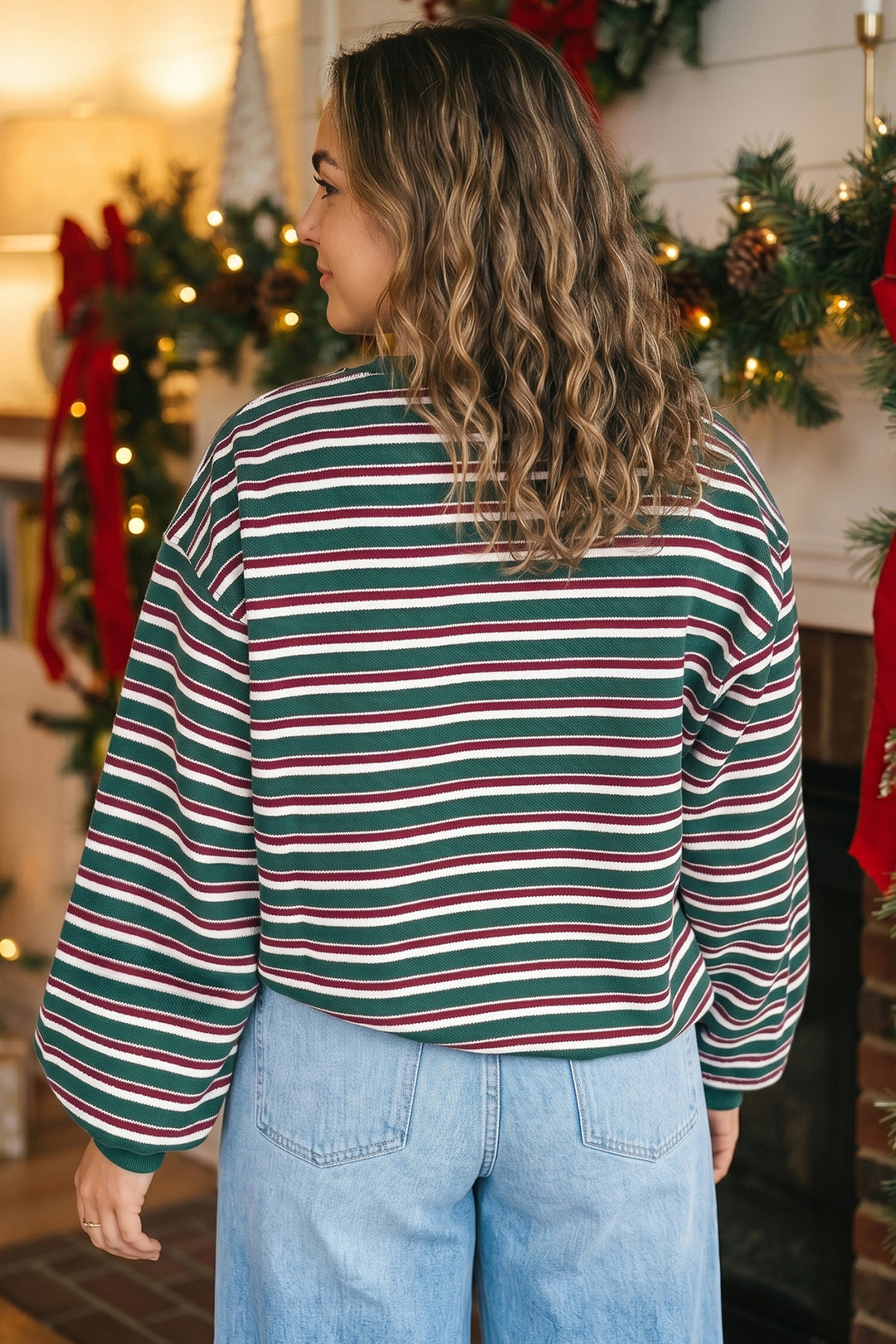 Green Stripe Round Neck Long Sleeve Shift Plus Size Sweatshirt