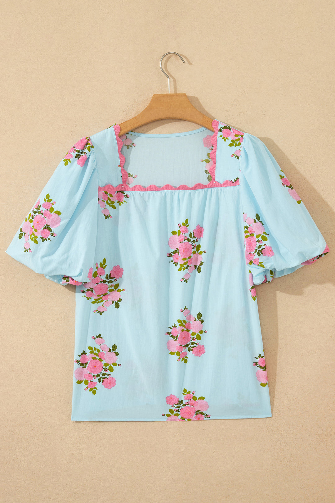 Sky Blue Floral Printed Contrast Ricrac Detail Bubble Sleeve Blouse