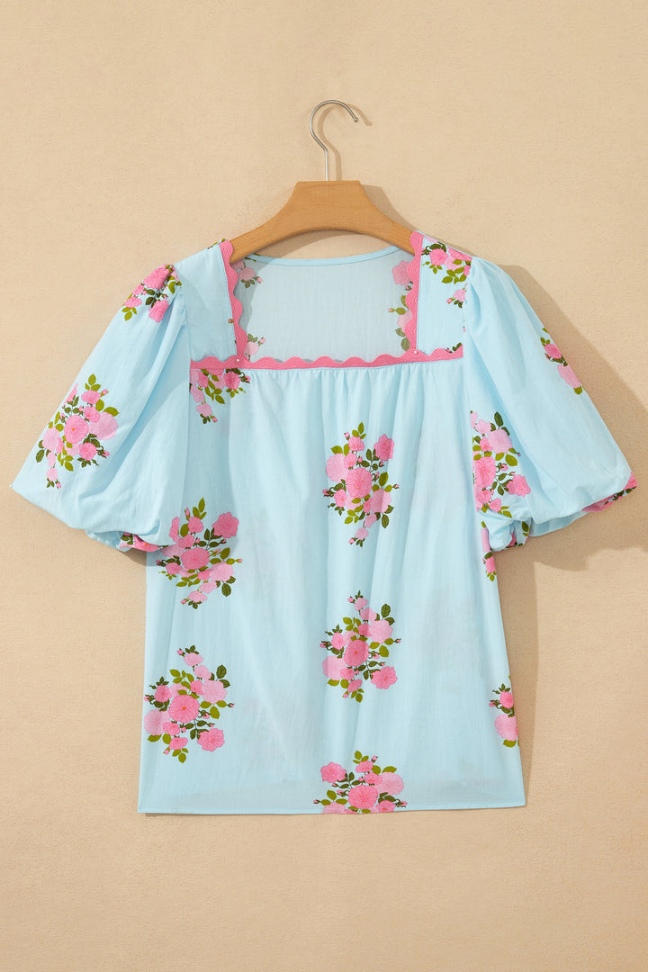 Sky Blue Floral Printed Contrast Ricrac Detail Bubble Sleeve Blouse
