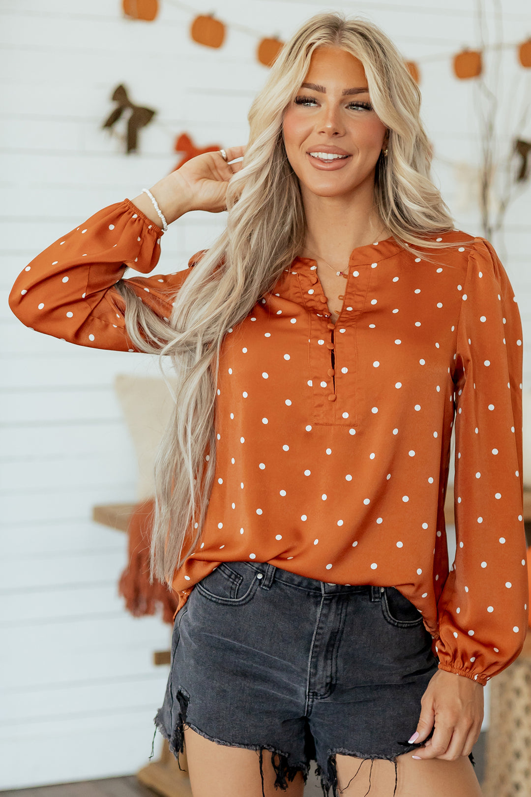 Brown Polka Dot V Neck Long Sleeve Blouse