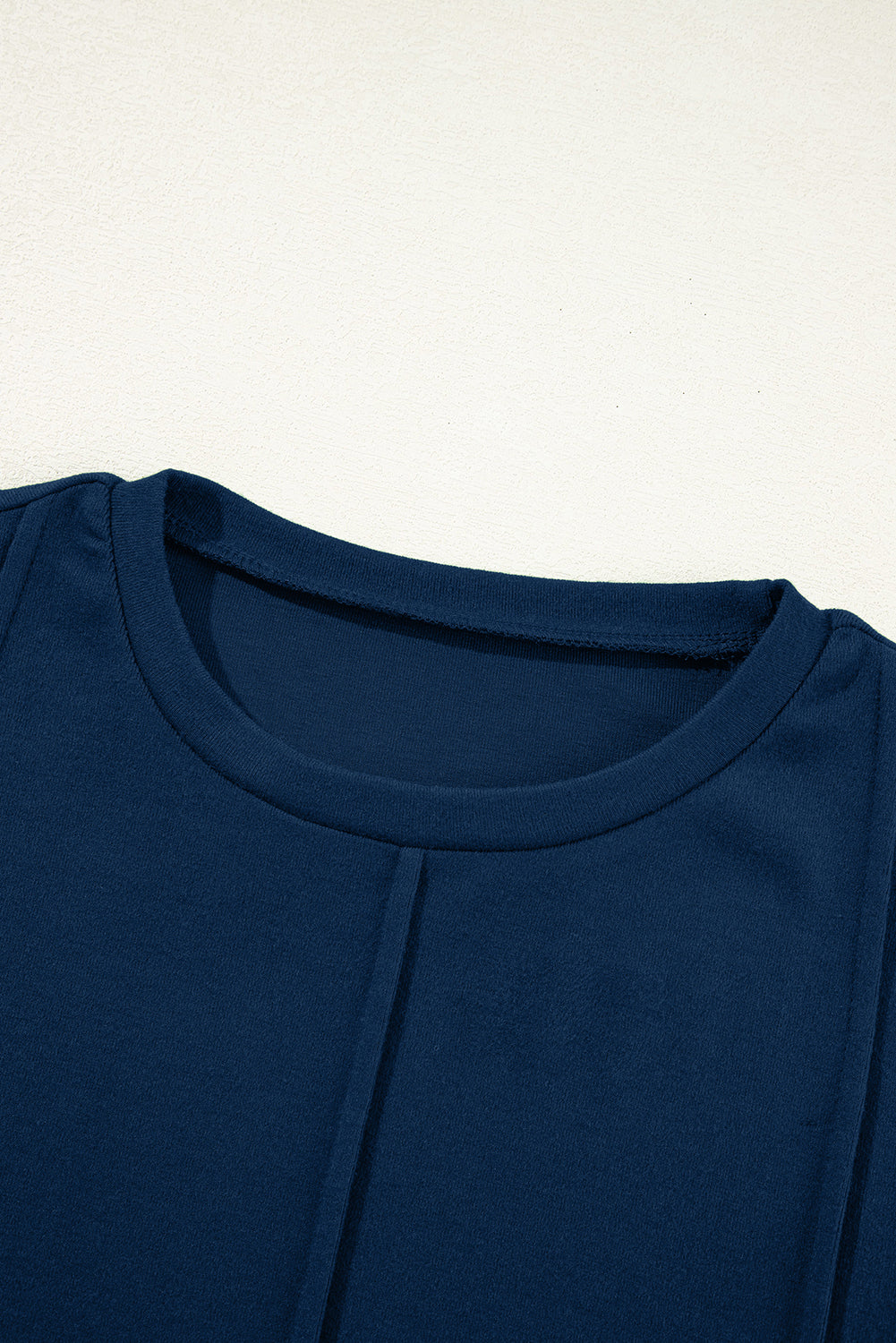 Navy Blue Solid Exposed Seam Crew Neck Long Sleeve Top