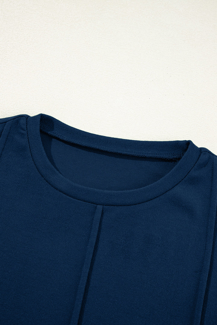 Navy Blue Solid Exposed Seam Crew Neck Long Sleeve Top