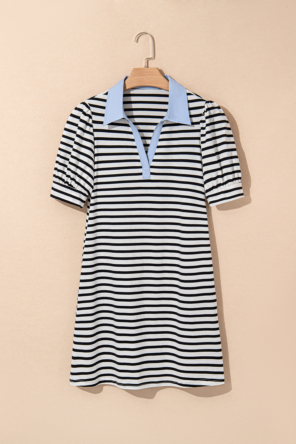 contrast v neck collared puff sleeve t shirt mini dress with pockets