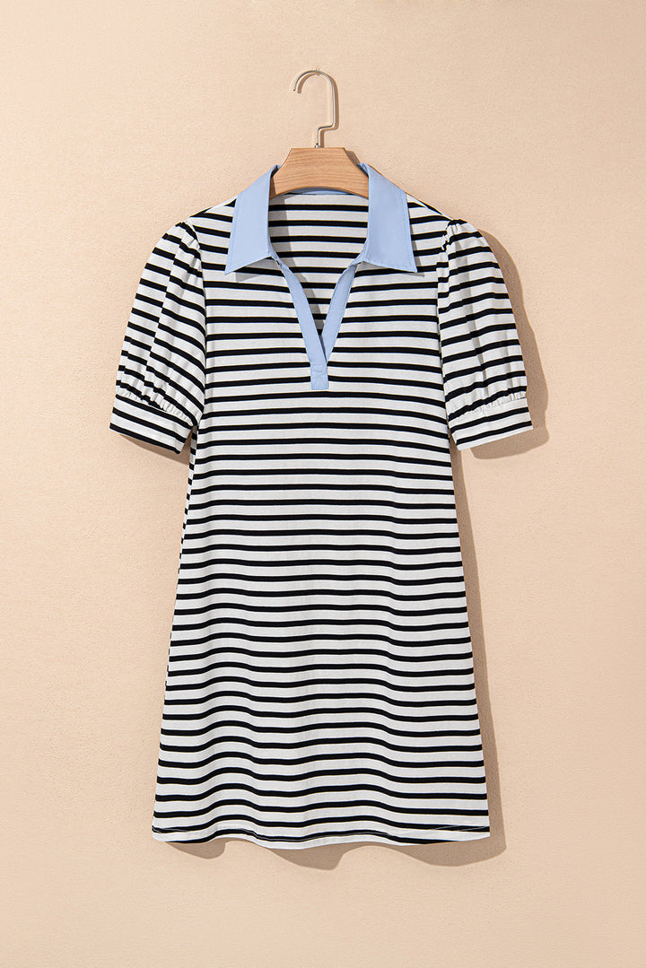 contrast v neck collared puff sleeve t shirt mini dress with pockets