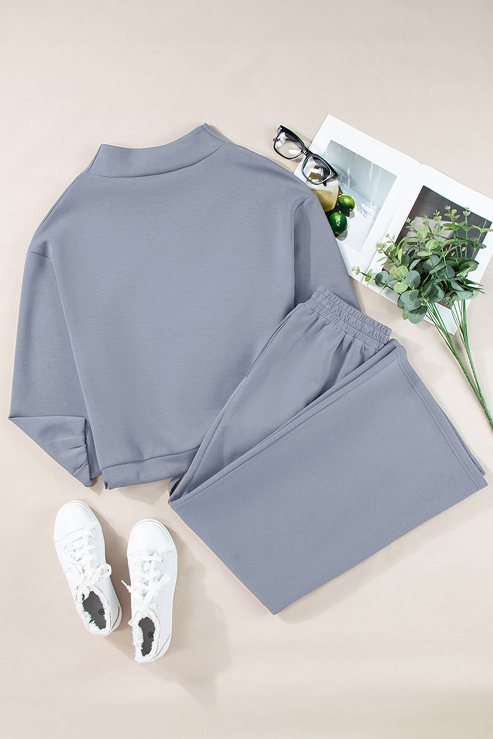 Dusk Blue Cowl Neck Drawstring Pullover Wide Leg Athleisure Pants Set
