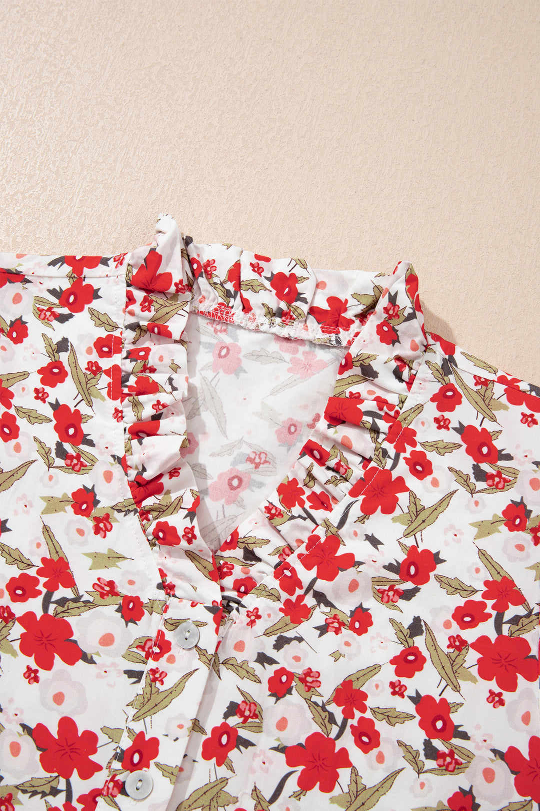 Red Floral Print Short Puff Sleeve Button Front Shirt