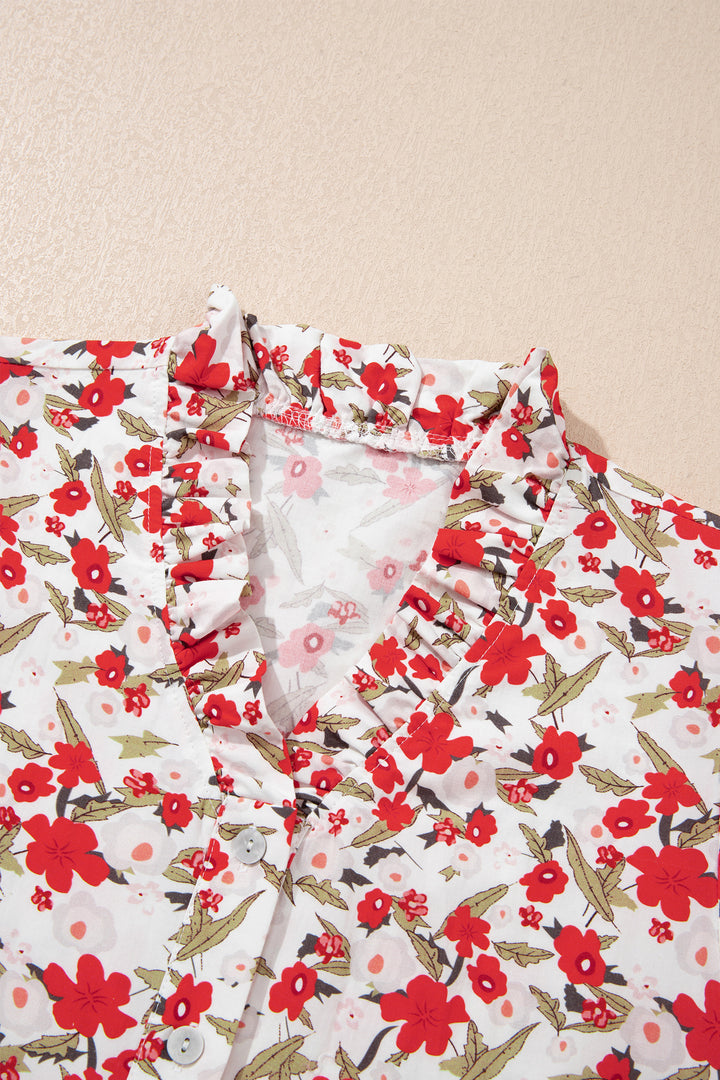 Red Floral Print Short Puff Sleeve Button Front Shirt