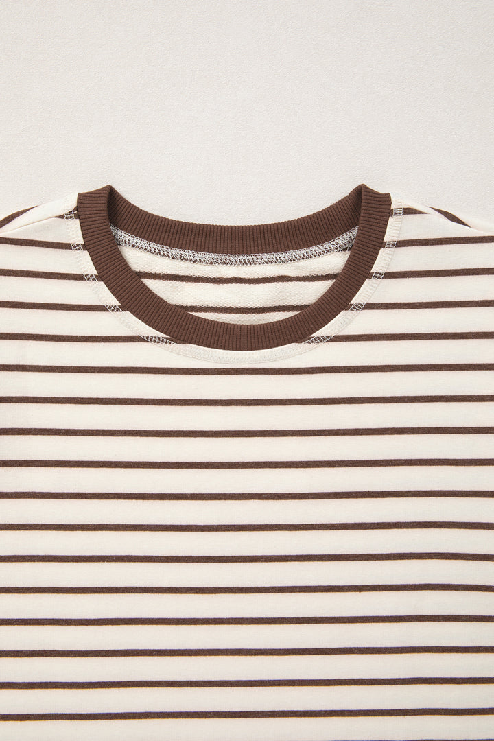 Brown Stripe Ribbed Round Neck Trim Loose Tank Top