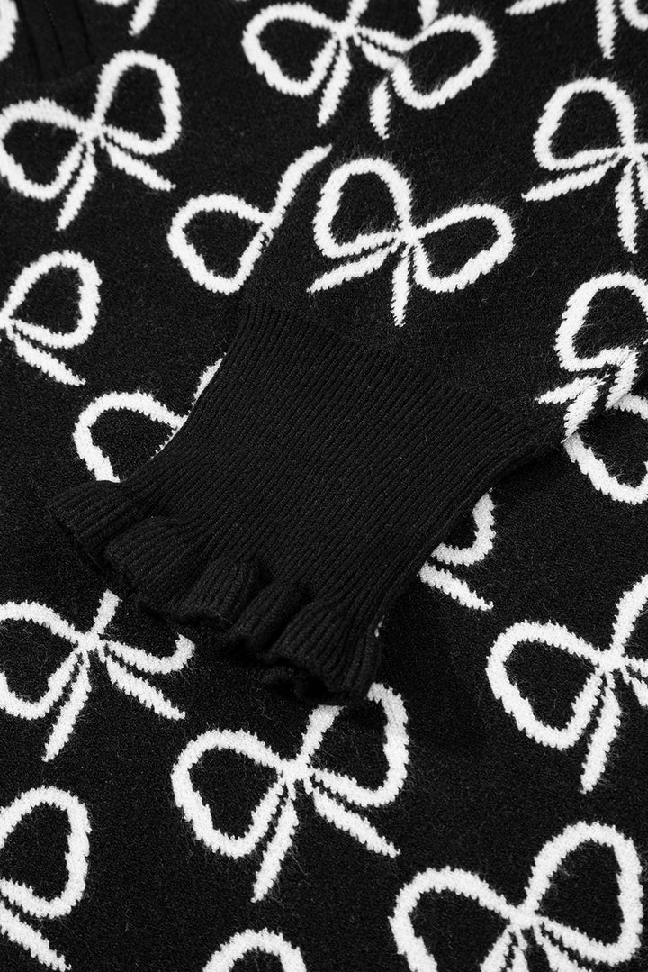Cute Bow Pattern Drop Shoulder Zipped Collar Sweater