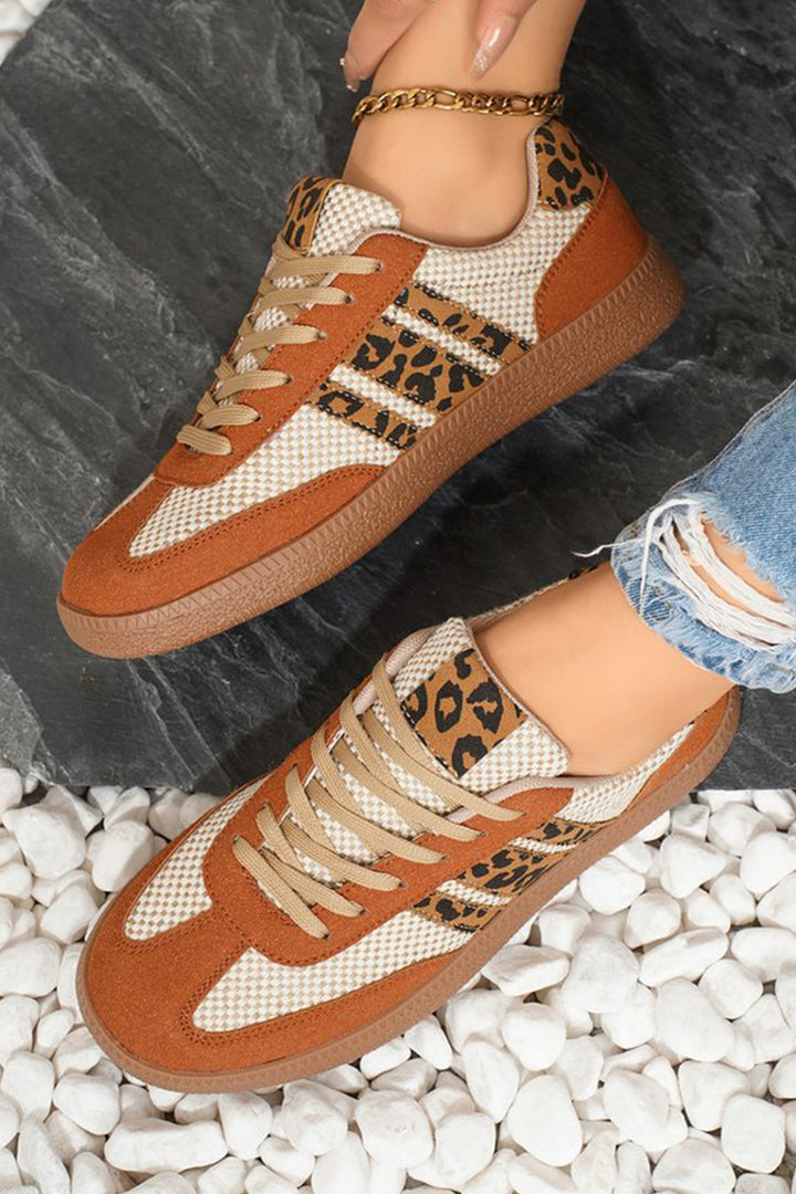 Checkered Leopard Color Block Patchwork Lace Up Sneakers