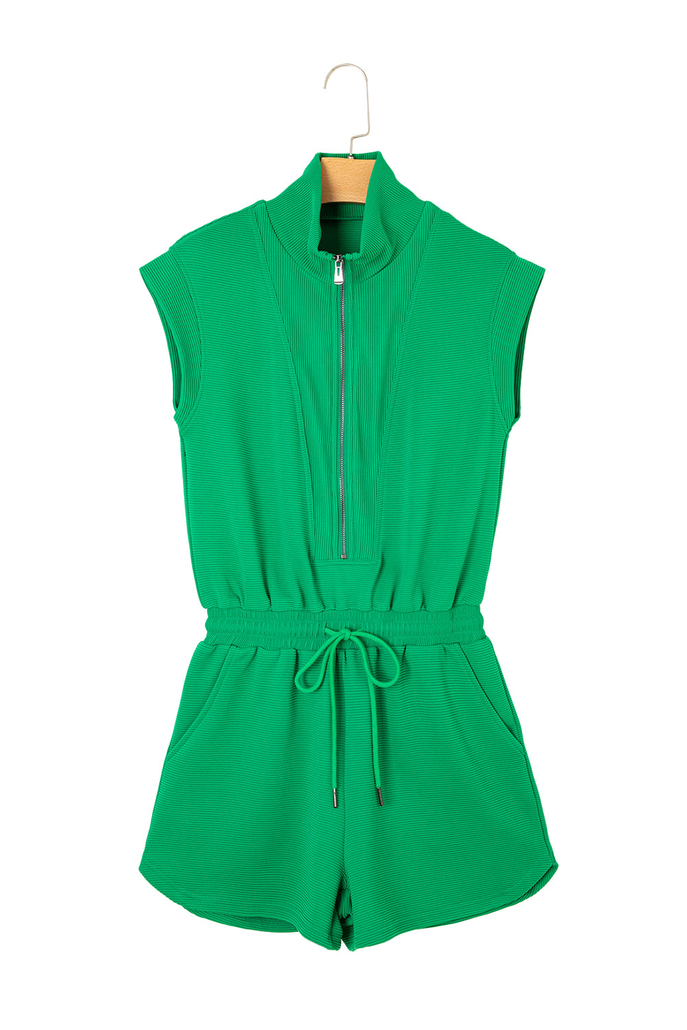 Bright Green Textured Short Sleeve Half Zip Drawstring Elastic Waistband Romper
