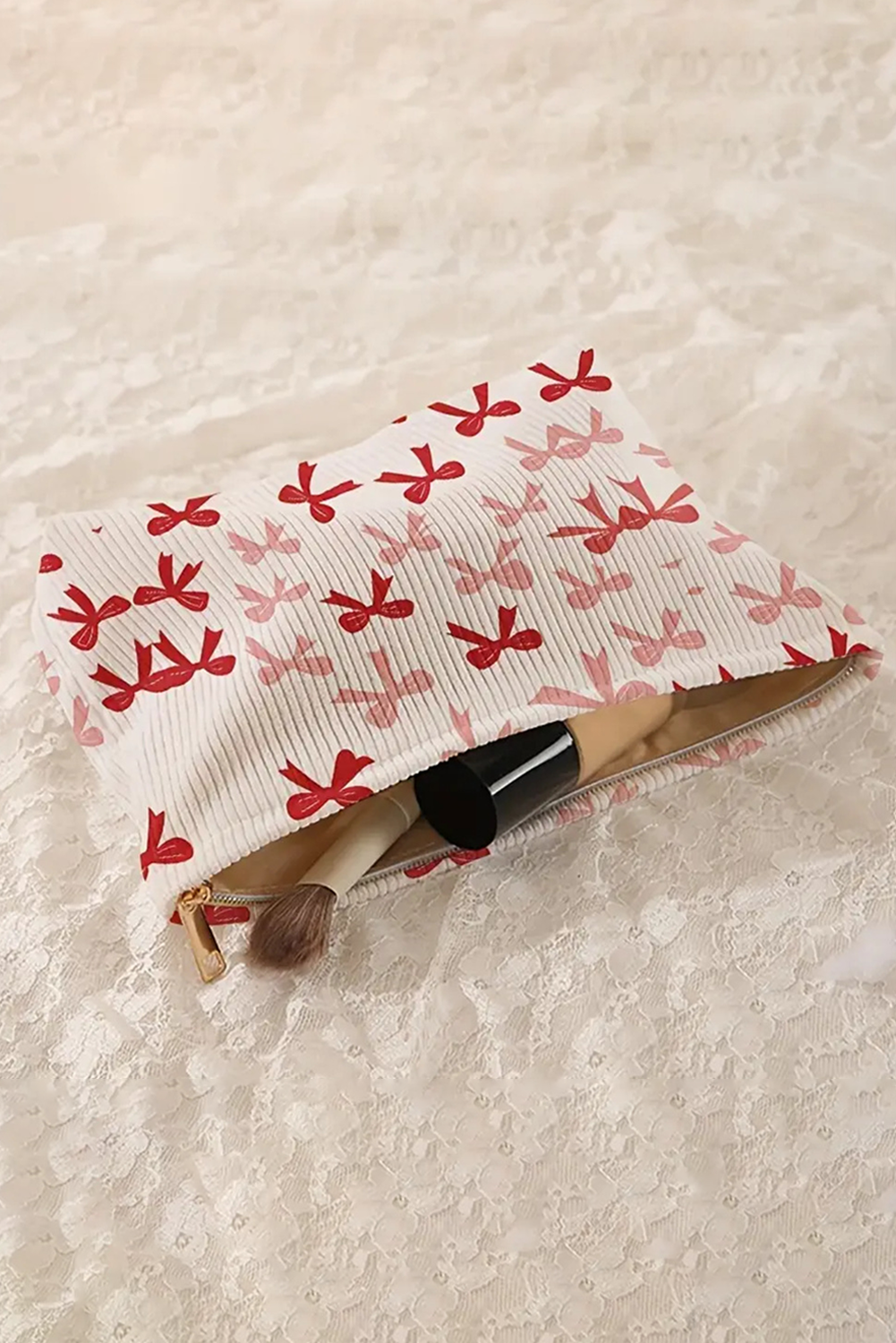Bows Print Zipped Corduroy Makeup Storage Bag