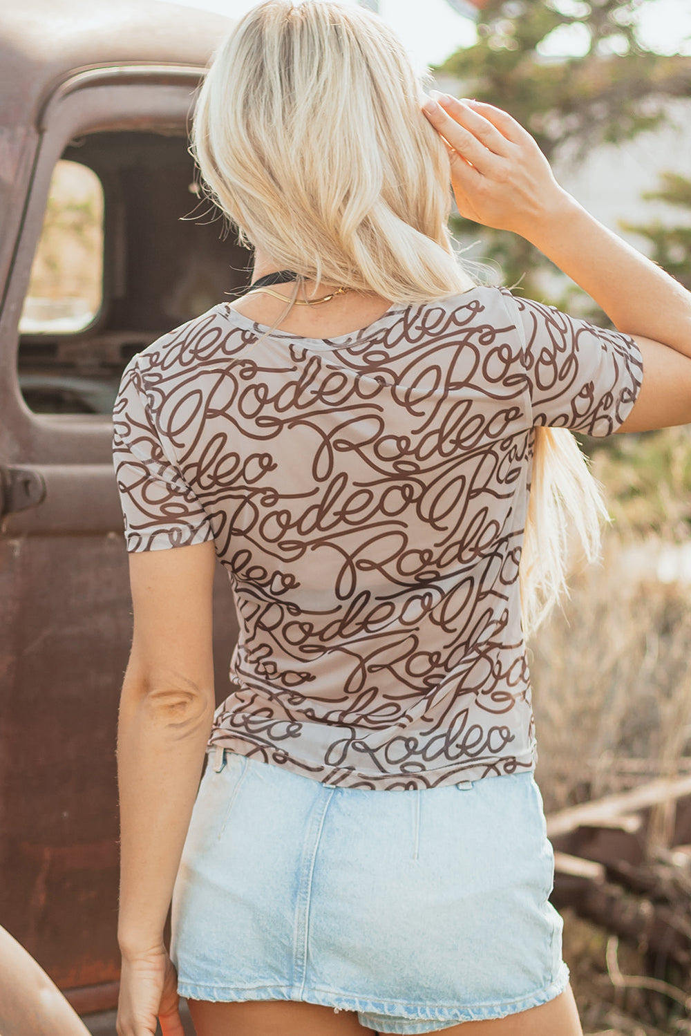 rodeo print round neck slim fit mesh t shirt