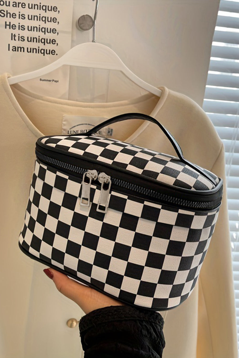 Checkered Zipper Large Cosmetic Bag with Handle