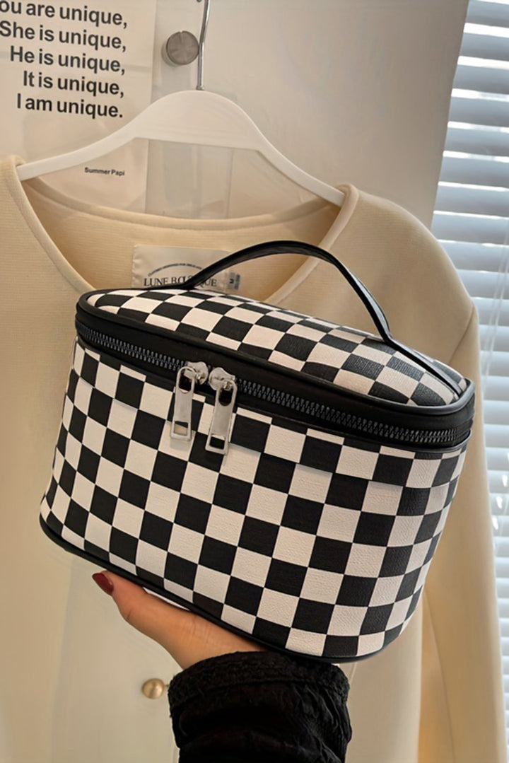 Checkered Zipper Large Cosmetic Bag with Handle