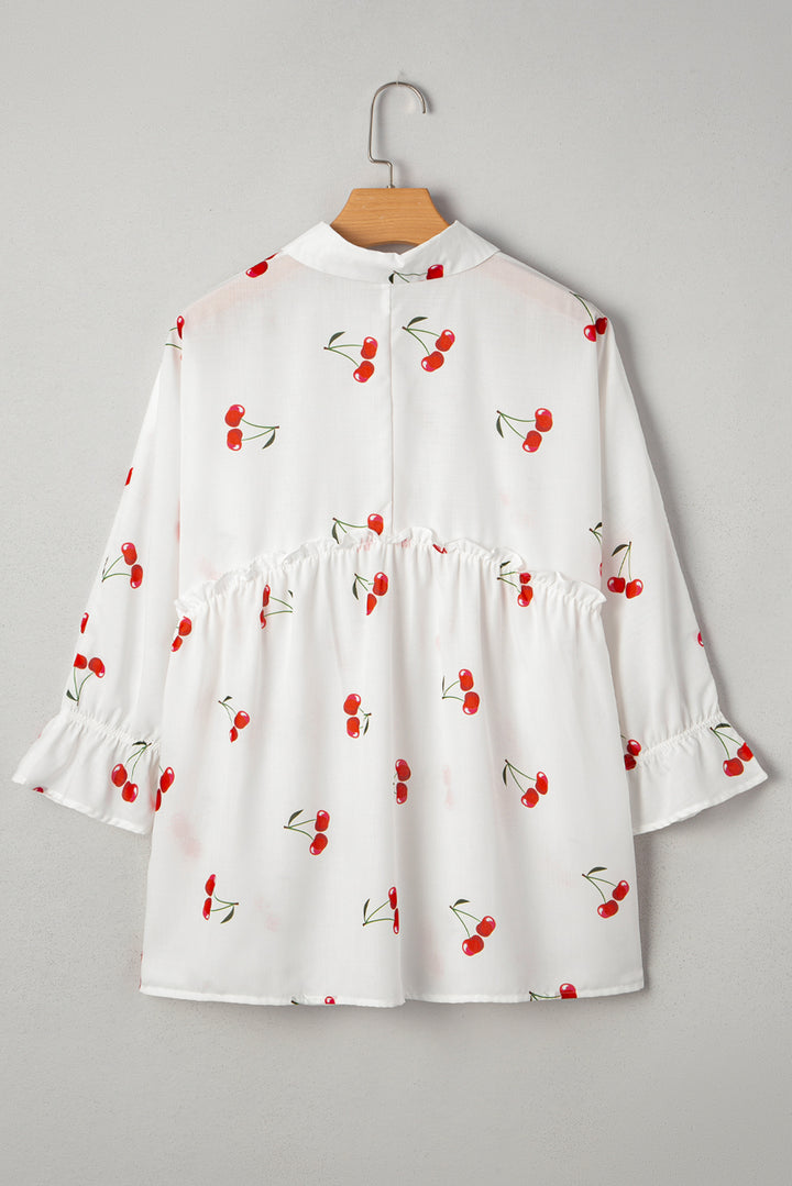 Cherry Print Flounce Sleeve Collared Frilled Babydoll Blouse