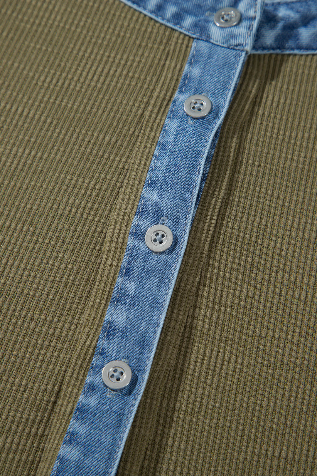 Four Leaf Clover Ribbed Knit Denim Accents V Neck Long Sleeve Oversized Fit Plus Size Blouse