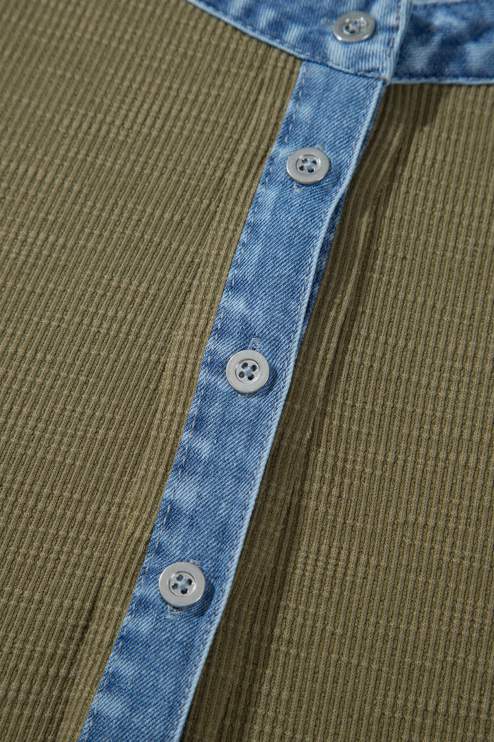 Four Leaf Clover Ribbed Knit Denim Accents V Neck Long Sleeve Oversized Fit Plus Size Blouse