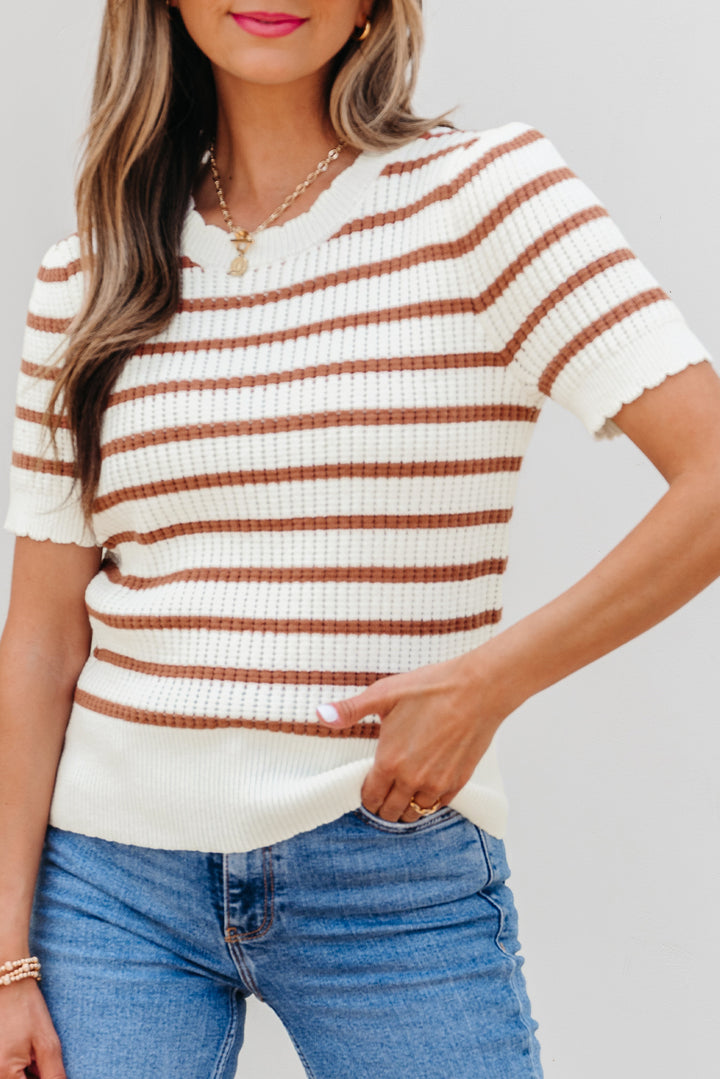 Scalloped Round Neck Short Sleeve Sweater