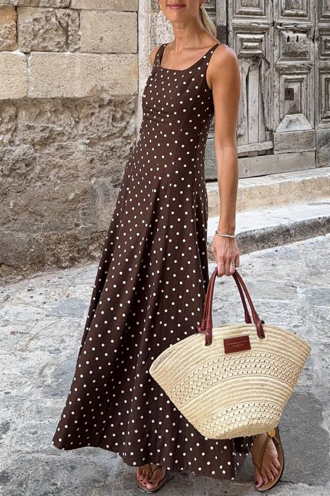 Brown Polka Dot Print Square Neck Sleeveless Vacation Long Dress