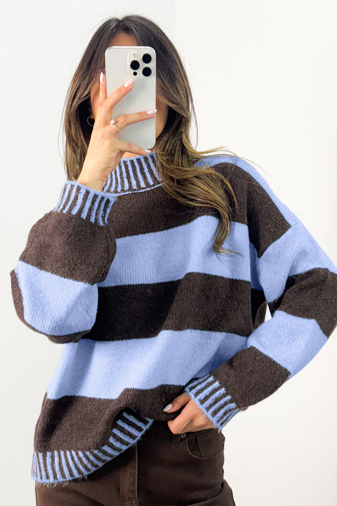 Sky Blue Stripe Contrast High Neck Dropped Shoulder Relaxed Pullover Sweater