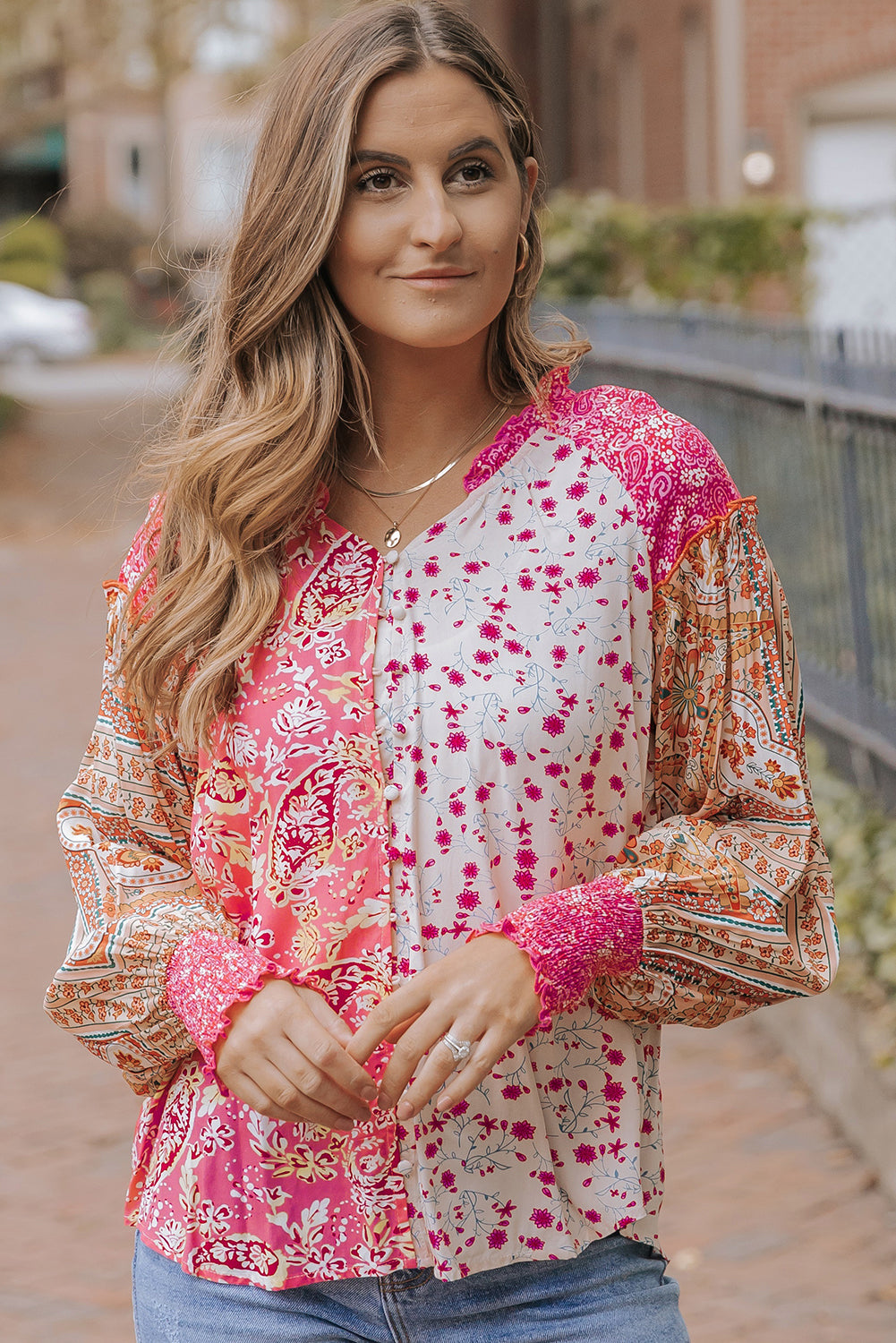 Mixed Floral Printed Puff Sleeve V-Neck Shirt