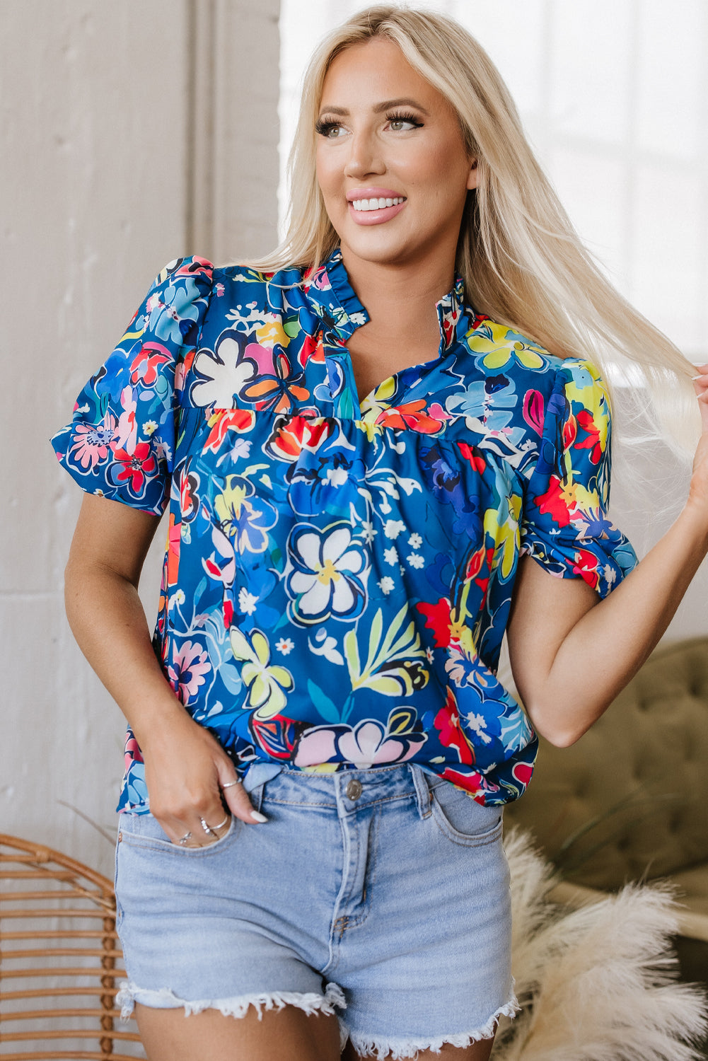 flower print collared v neck puff short sleeve loose blouse