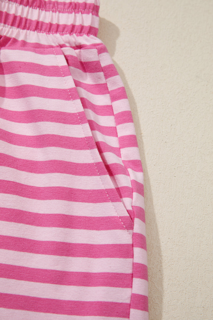 Pink Stripe Cap Sleeve Tee Elastic Waist Shorts 2pcs Outfit