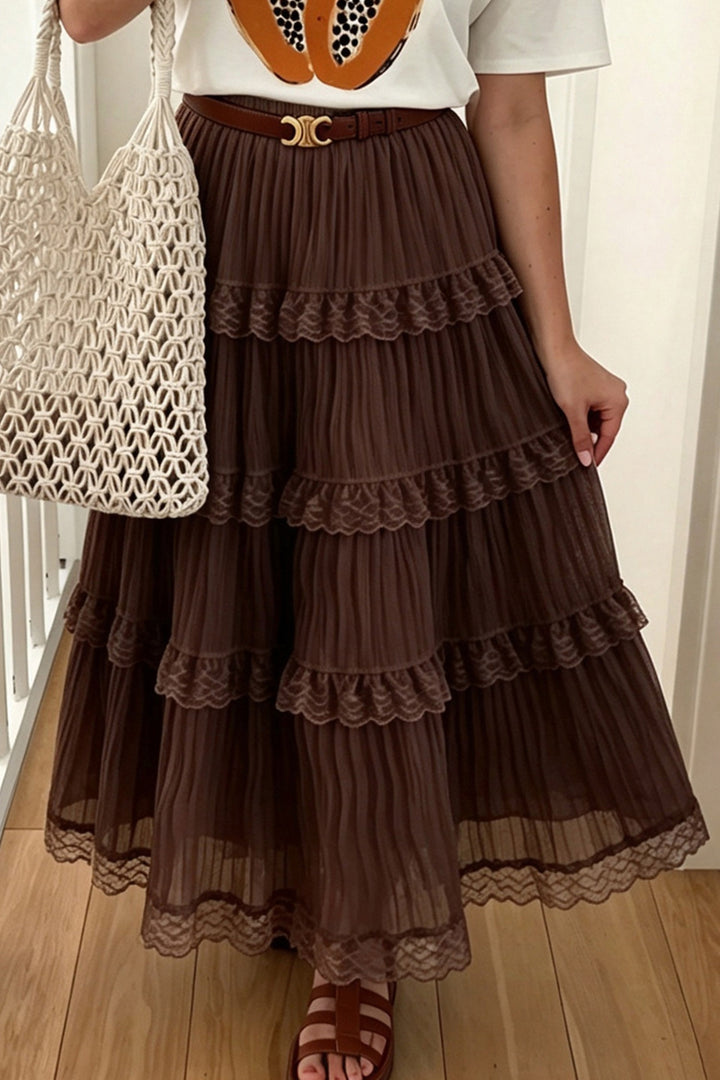 Dark Brown Pleated Tiered Lace Trim Maxi Skirt