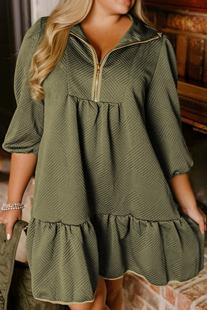 Jungle Green Plus Size Textured Contrast Trim Quarter Zip Bracelet Sleeve Mini Dress