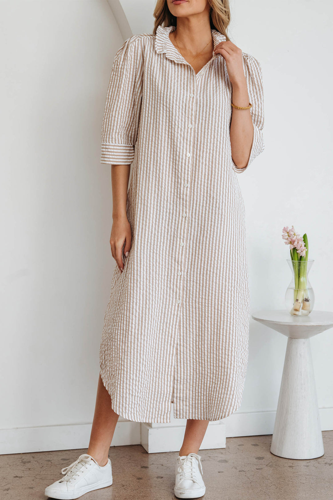 Frilled Collar Half Sleeve Shirt Maxi Dress