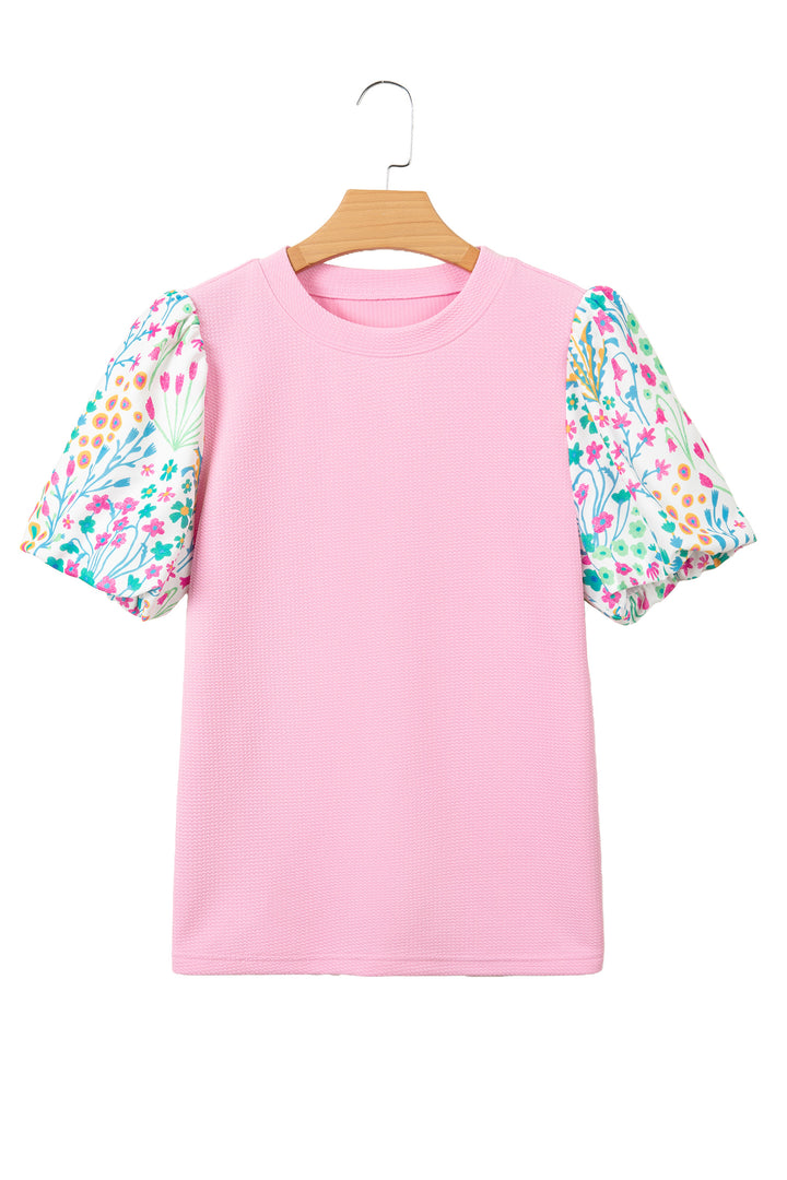 Pink Round Neck Textured Contrast Floral Bubble Sleeve Blouse