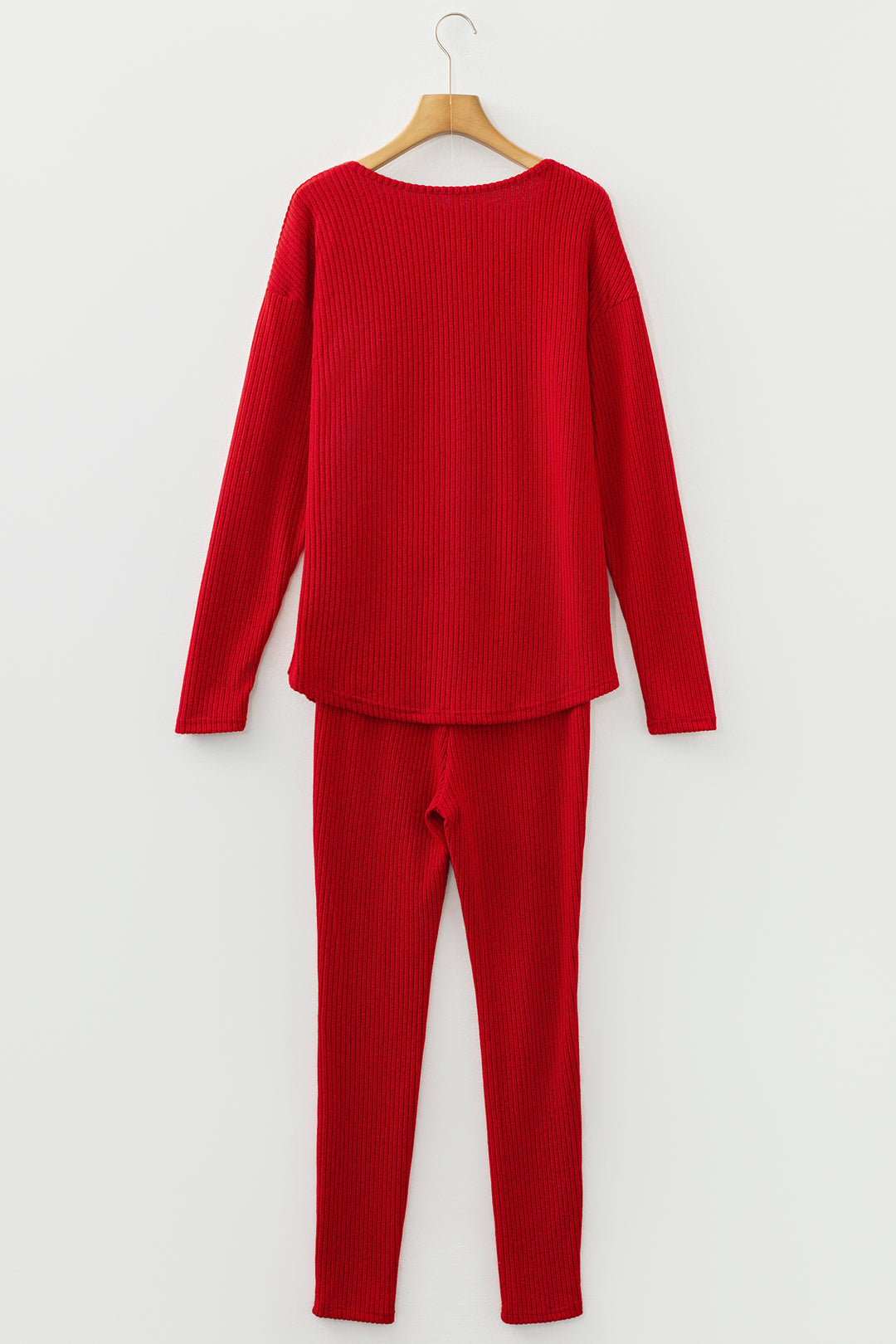 Racing Red Ribbed Notched Neck Knit Long Sleeve Leggings Two Pieces Lounge Set